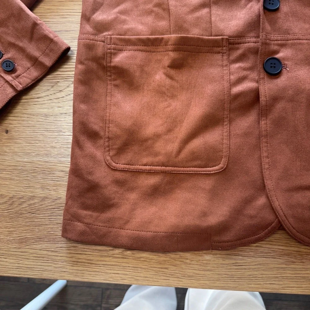 Mens Faux Suede Two Button Blazer Jacket Rust Brown Large Patch Pockets Lined